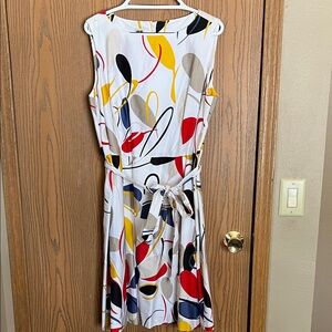 Anne Klein White Dress with Red, Yellow, and Black Abstract Print with pockets